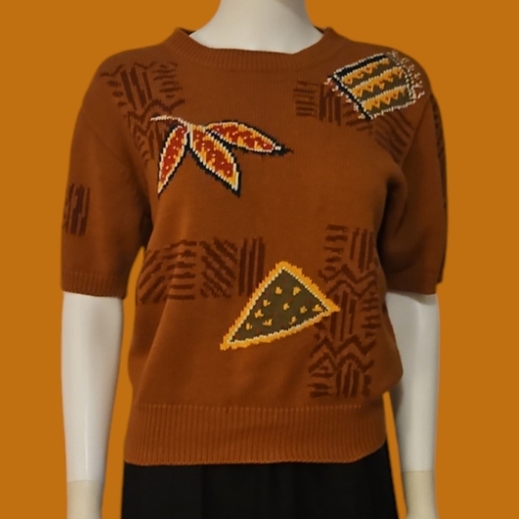 VTG JH COLLECTIBLES 1980s Brown Autumn Fall Leaves Short Sleeve Sweater - Picture 1 of 7